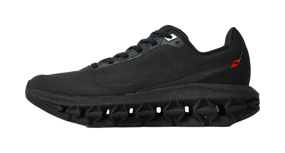 Men's running shoes in black with silver accents, lace-up knit upper, chunky tread.
