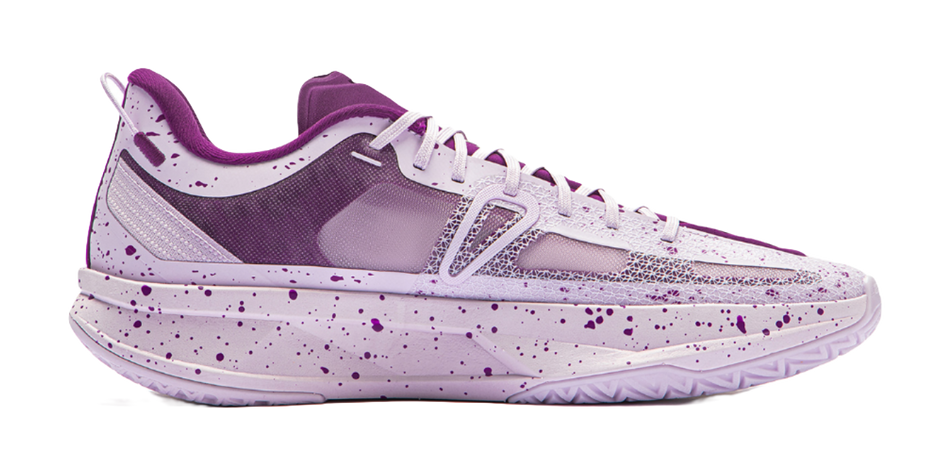 Li-Ning low-top basketball shoes, lavender upper with purple collar and speckled details