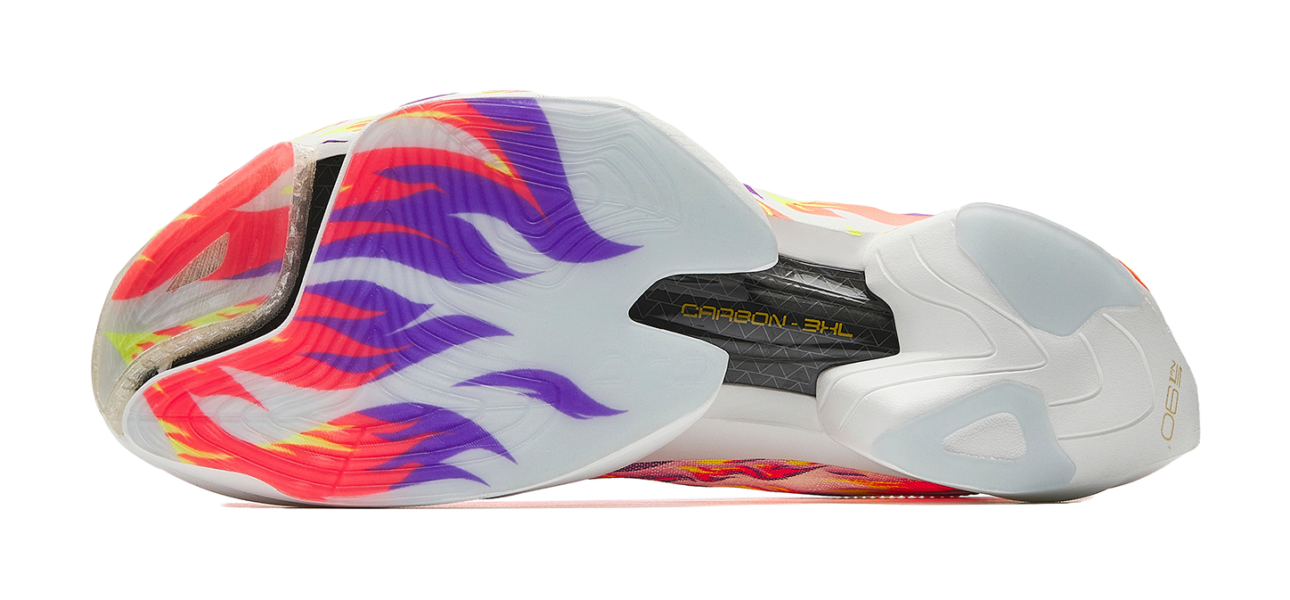 Marathon racing shoe outsole view, white upper with flame pattern and carbon plate