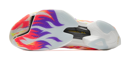 Marathon racing shoe outsole view, white upper with flame pattern and carbon plate