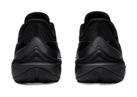 Black low-top basketball shoes heel view with padded collar and treaded sole