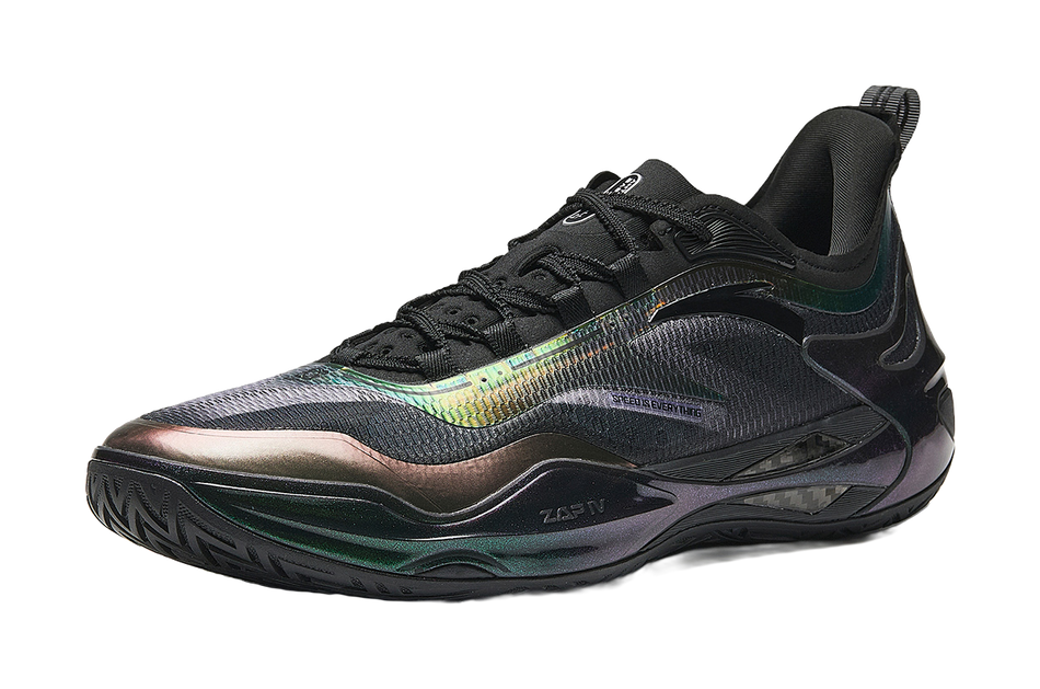 Black unisex basketball shoe, lace-up, textured upper with teal accent