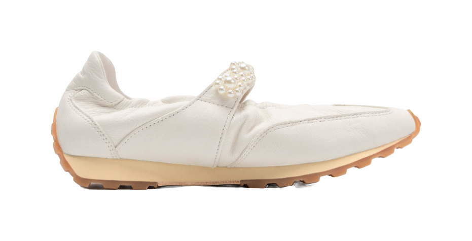 Women's white Mary Jane shoes with pearl strap and brown rubber outsole