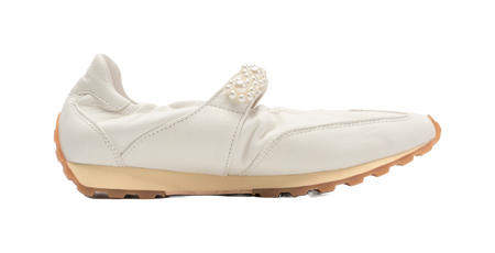 Women's white Mary Jane shoes with pearl strap and brown rubber outsole