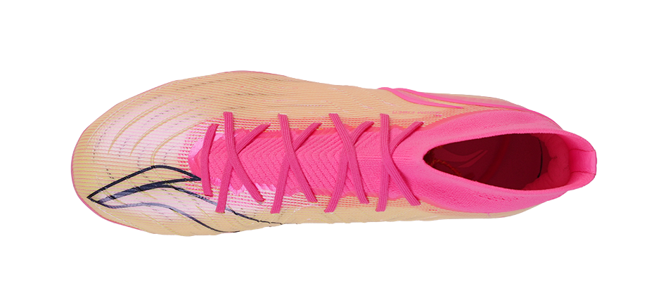 Pink-and-beige soccer cleat toe with lace-up front and dark logo stripe