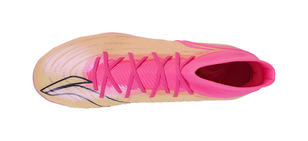 Pink-and-beige soccer cleat toe with lace-up front and dark logo stripe