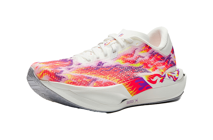 Unisex racing shoe in white with rainbow glitter upper and flame side graphic
