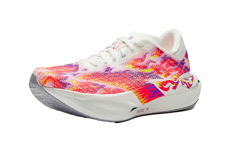 Unisex racing shoe in white with rainbow glitter upper and flame side graphic