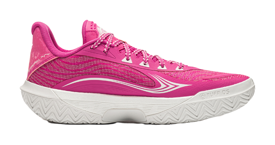 Rose pink lace-up basketball sneaker with textured knit upper and white midsole