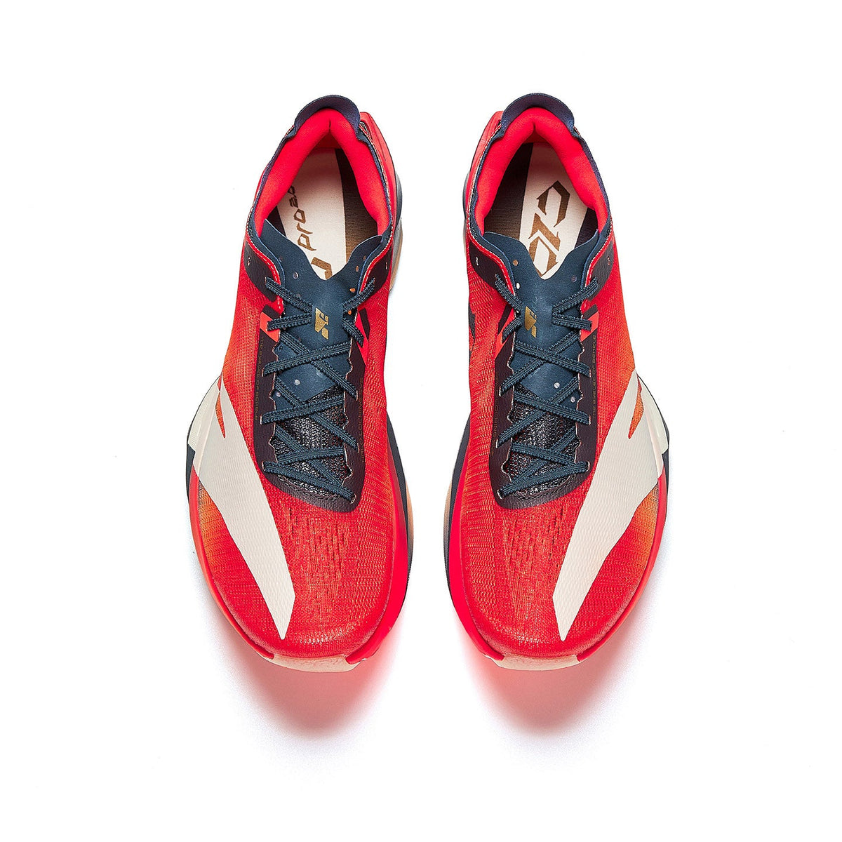 Men's marathon racing shoe, top view pair in red with dark navy laces and white panels