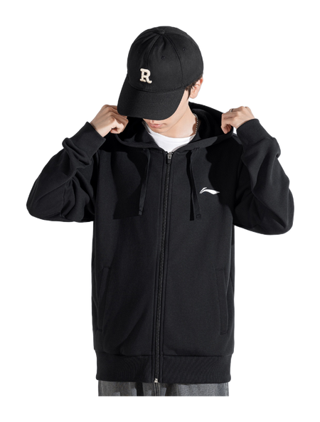 Men’s black zip-up hooded sweatshirt with drawstring, worn with black cap, full front zipper