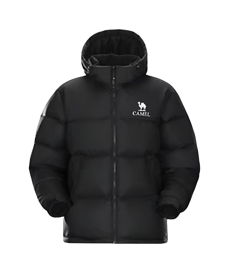 Quilted down jacket with hood, solid black, full front zipper