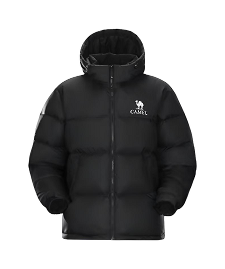 Quilted down jacket with hood, solid black, full front zipper