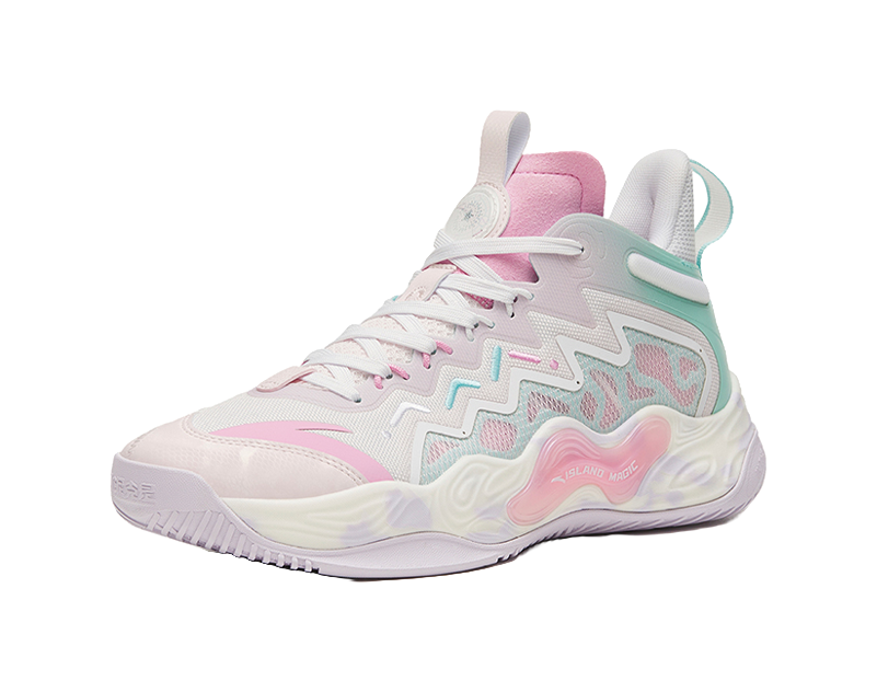 White high-top basketball sneakers with pink upper, mint heel panel, lace-up