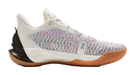 White basketball shoe with multicolor knit side, black heel, gum outsole
