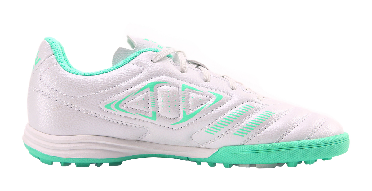 Kelme TF training soccer shoes, side view with white upper and mint green stripes.
