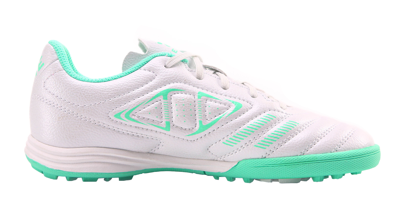 Kelme TF training soccer shoes, side view with white upper and mint green stripes.