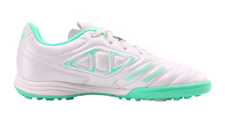 Kelme TF training soccer shoes, side view with white upper and mint green stripes.