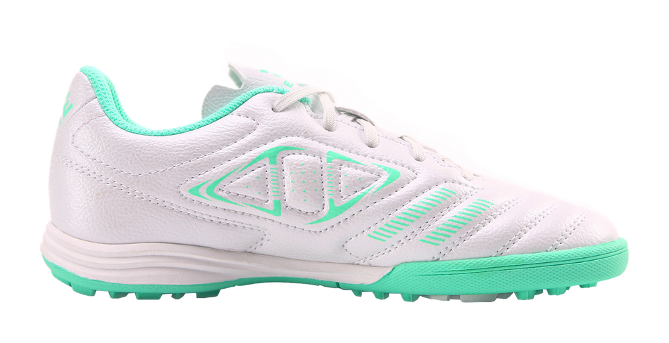 Kelme TF training soccer shoes, side view with white upper and mint green stripes.