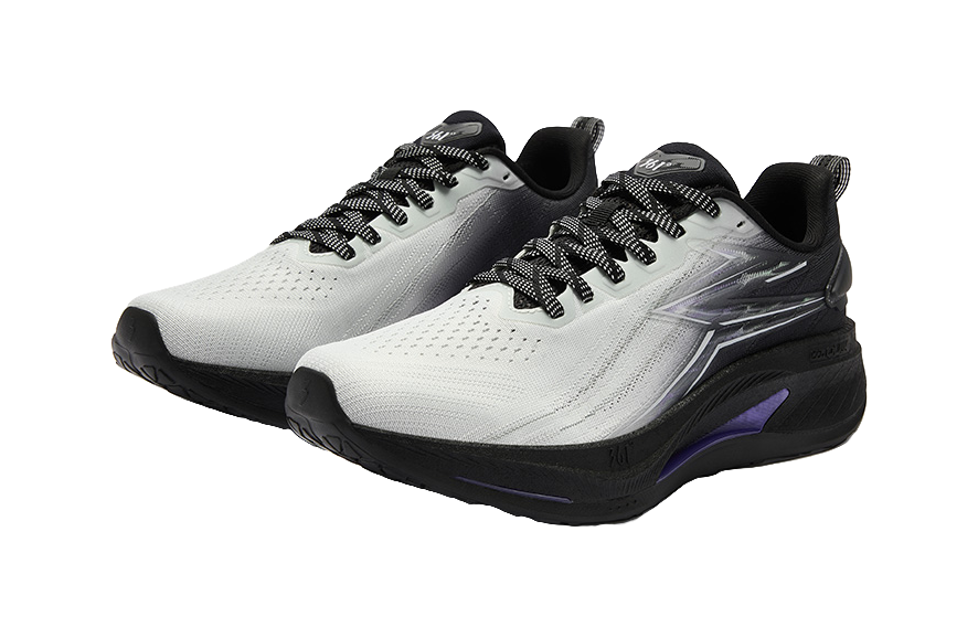 Pair of men's low-top running shoes, gray uppers with black laces and purple accent