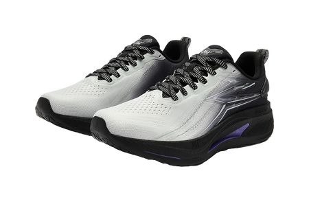 Pair of men's low-top running shoes, gray uppers with black laces and purple accent