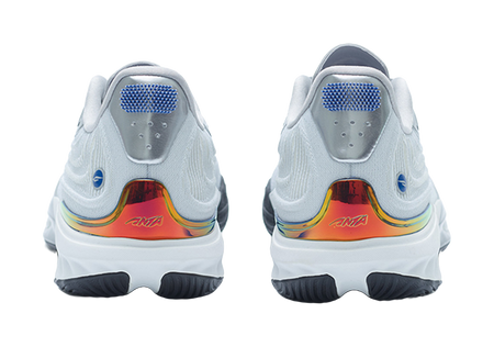 Silver basketball shoe pair, heel view with rainbow accent and cushioned collar
