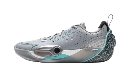 Gray blue basketball shoe with teal accents, perforated upper, lace-up front