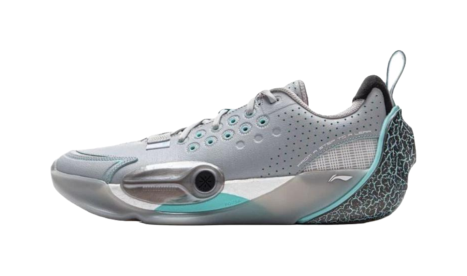 Gray blue basketball shoe with teal accents, perforated upper, lace-up front