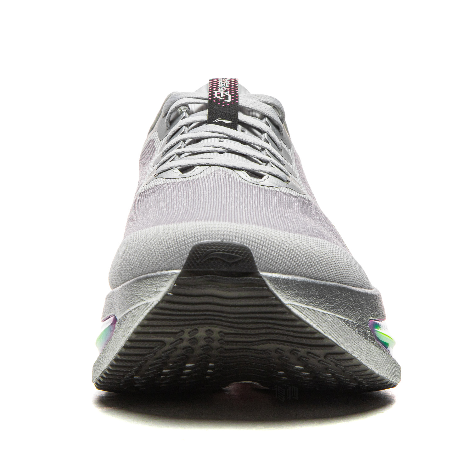 crystal gray running shoes with textured black outsole and lace-up forefoot view