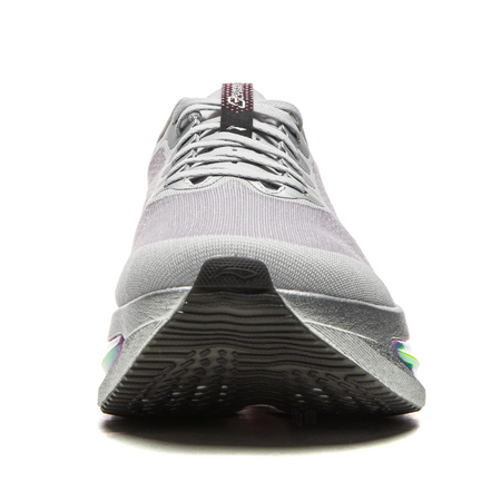 crystal gray running shoes with textured black outsole and lace-up forefoot view