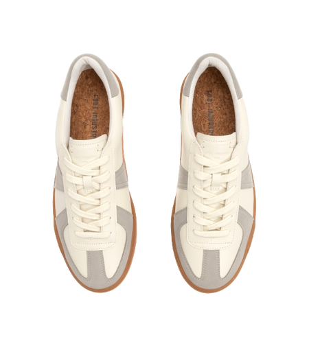 Lace-up low-top shoes with off-white uppers and gray accents; cushioned tongue visible