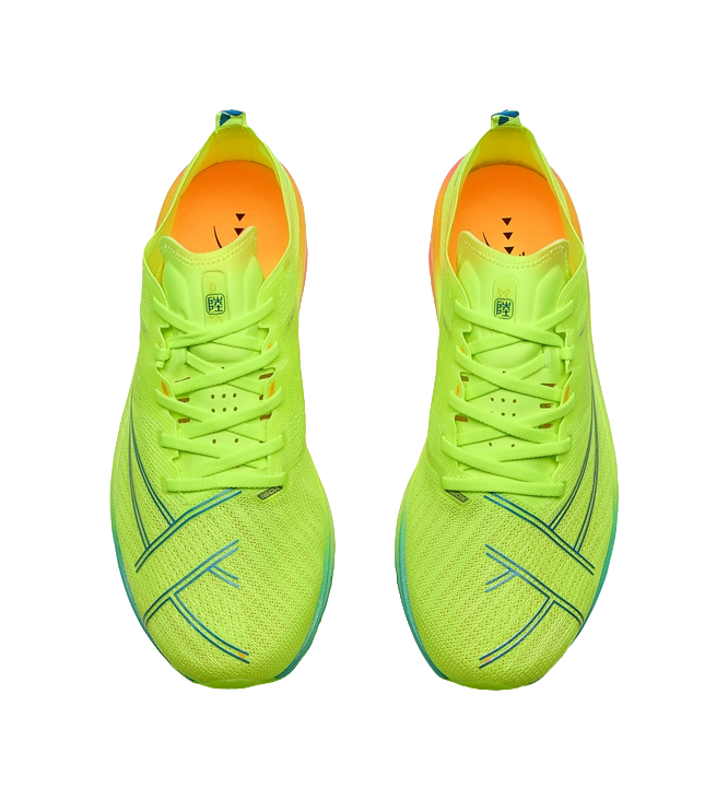 Neon green low-top running shoes pair with lace-up system and orange inner lining