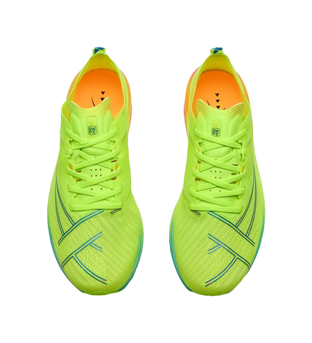 Neon green low-top running shoes pair with lace-up system and orange inner lining