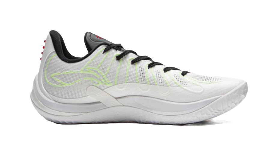Li-Ning basketball shoe side view: white upper, black laces, light green graphic lines, thick sole