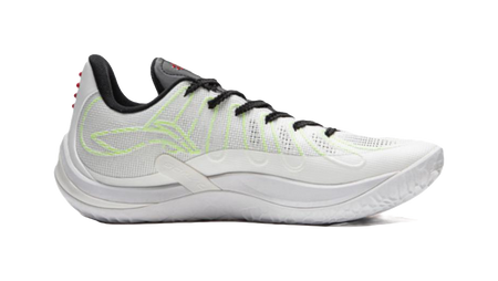 Li-Ning basketball shoe side view: white upper, black laces, light green graphic lines, thick sole