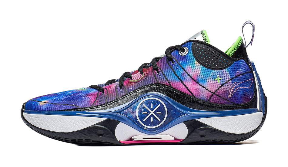 Galaxy basketball shoe with blue trim, neon green heel pull tab, black sole