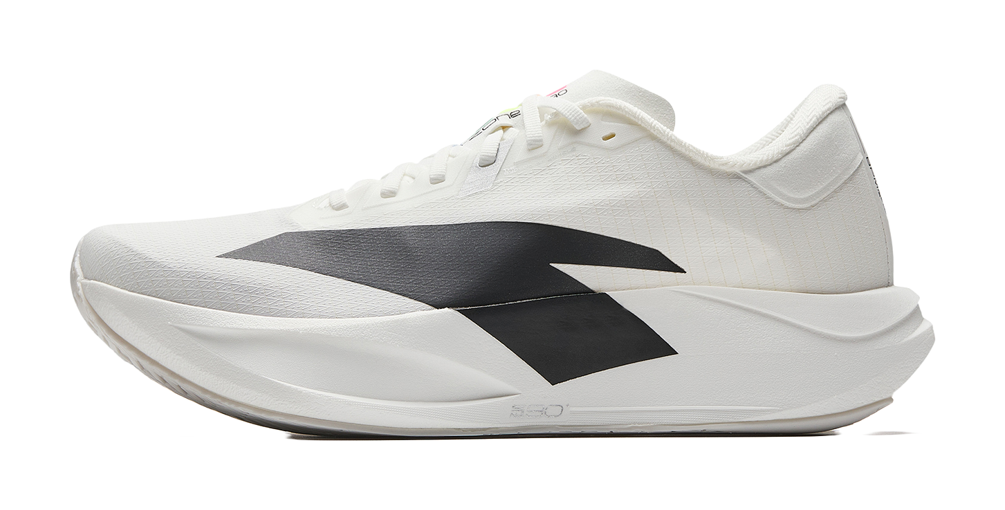 White running shoe with black diagonal logo, lace-up, cushioned sole.