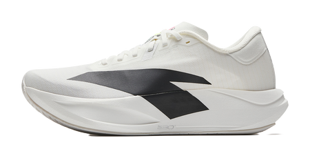White running shoe with black diagonal logo, lace-up, cushioned sole.