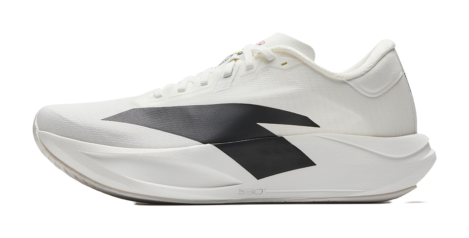 White running shoe with black diagonal logo, lace-up, cushioned sole.