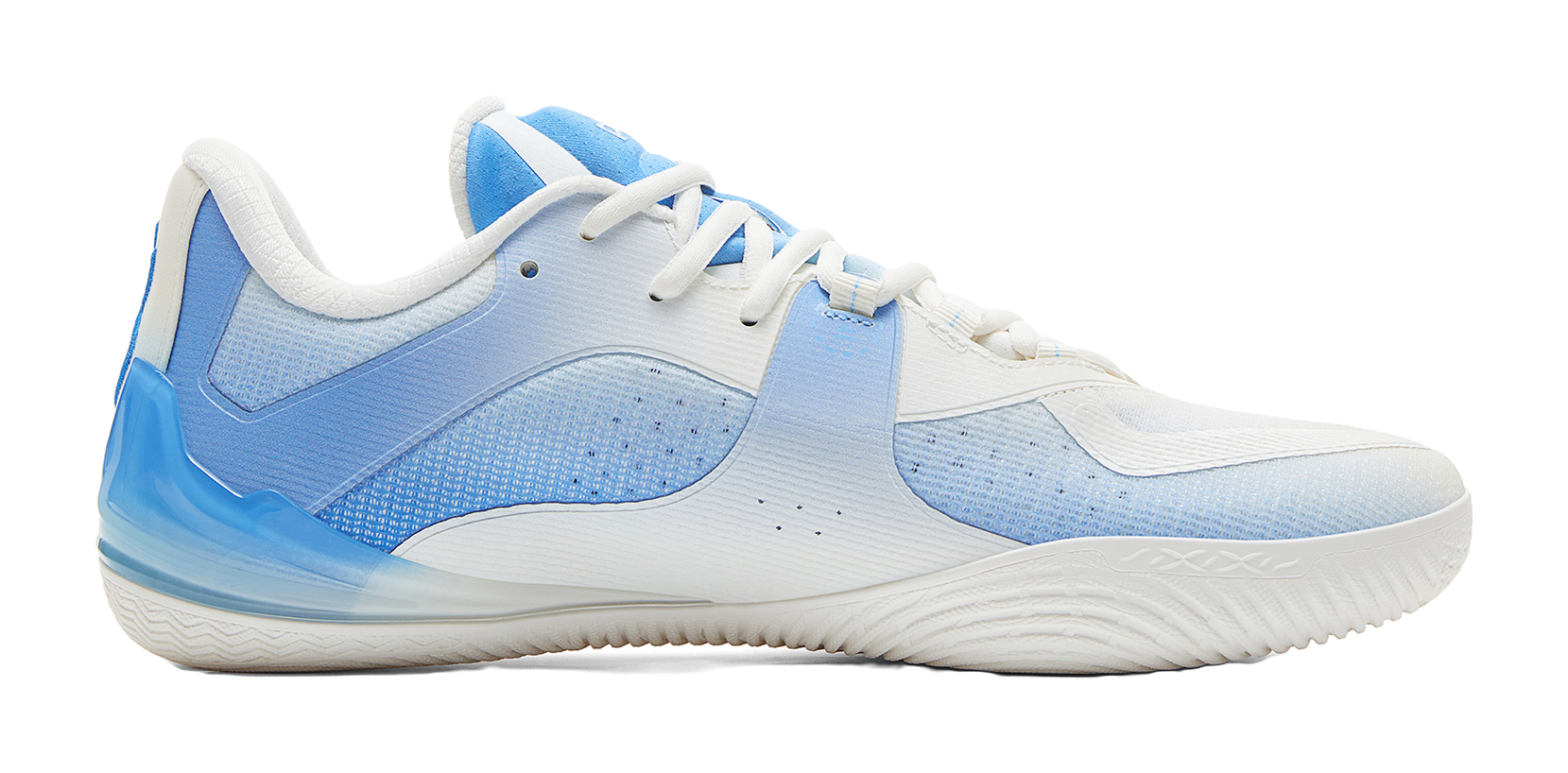 White and blue basketball shoe, side view with textured blue panel and low-cut sole