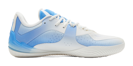 White and blue basketball shoe, side view with textured blue panel and low-cut sole