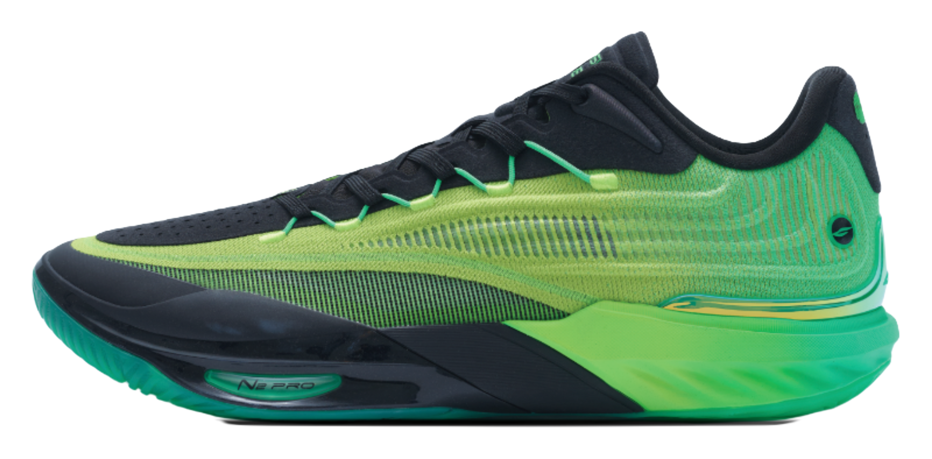 Green and black low-top basketball shoe with green laces and side N-PRO logo