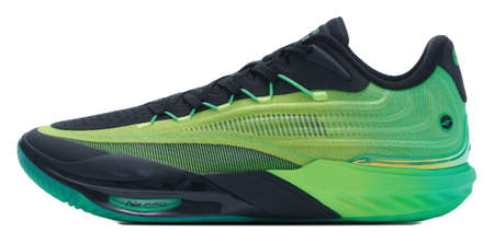 Green and black low-top basketball shoe with green laces and side N-PRO logo