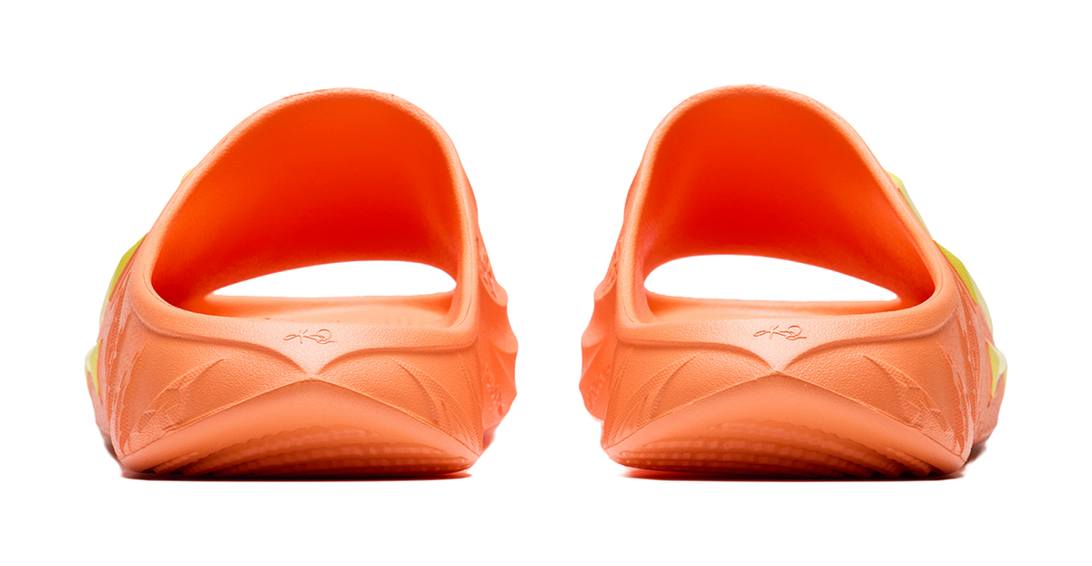 Men's slide slippers, open back with smooth orange footbed and kiwi yellow logo details