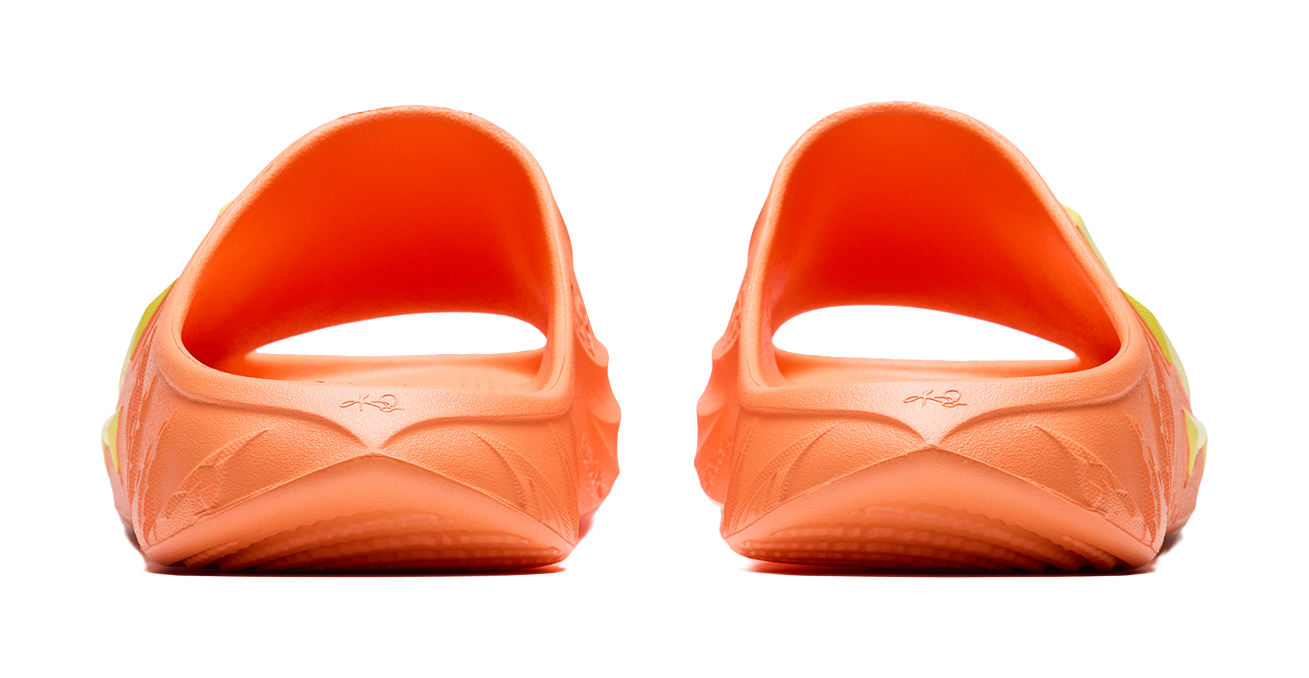 Men's slide slippers, open back with smooth orange footbed and kiwi yellow logo details