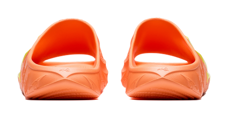 Men's slide slippers, open back with smooth orange footbed and kiwi yellow logo details