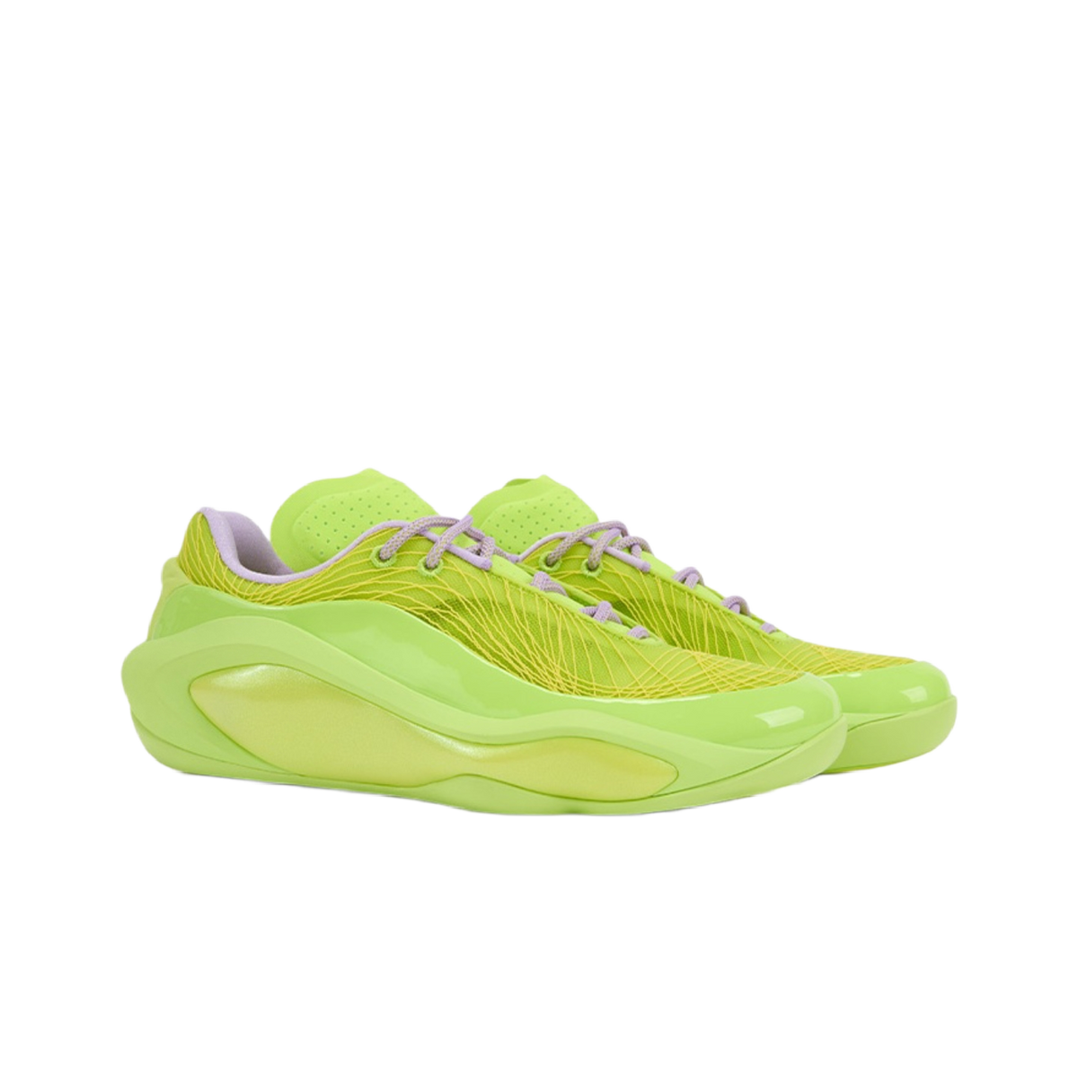 Neon green basketball shoe with lace-up front and textured side panel