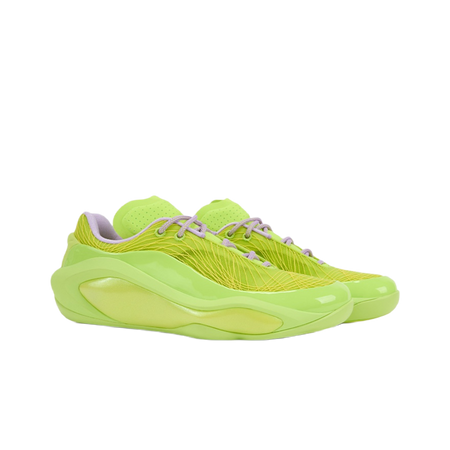 Neon green basketball shoe with lace-up front and textured side panel