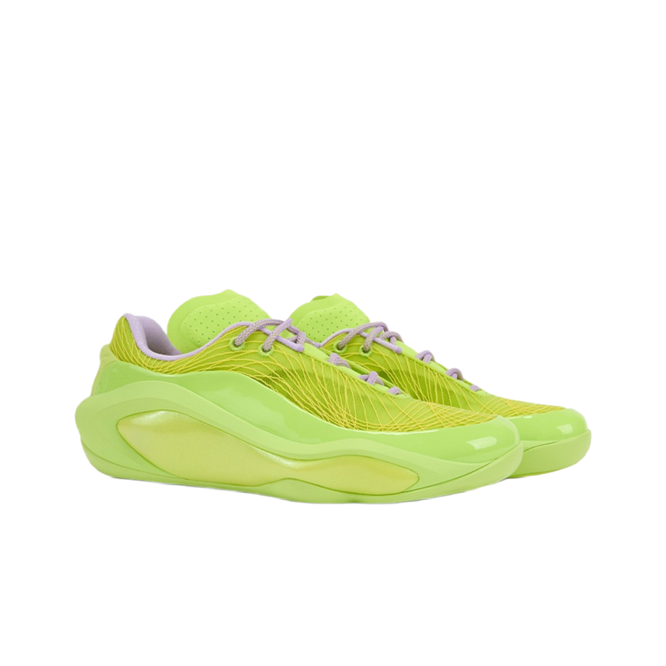Neon green basketball shoe with lace-up front and textured side panel