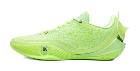 Unisex low basketball shoe in fluorescent ice green, lace-up with textured knit upper